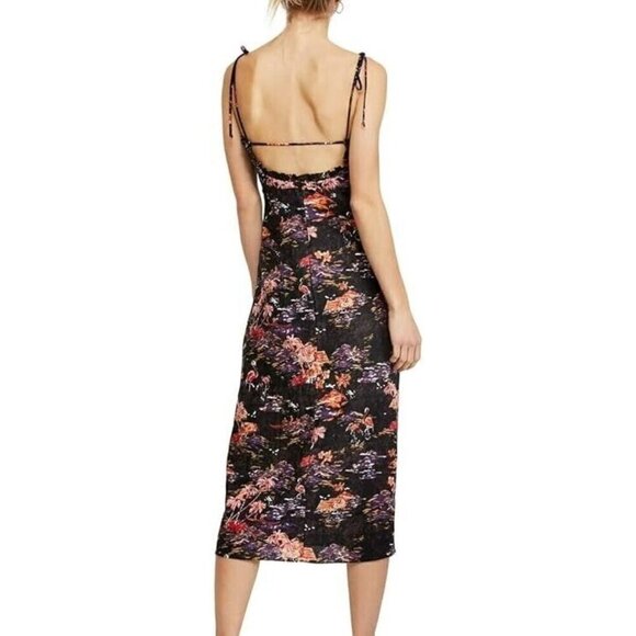 Free People Linen Beach Party Tie Shoulder Midi Dress Size 10 Tropical Printed - Picture 2 of 16